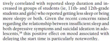 The results of this study support the potential benefits of adjusting school schedules to adolescents sleep needs, circadian rhythm and developmental stage.