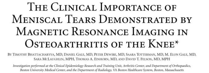 MENISCAL TEAR: IMAGING 76% of asymptomatic patients had a meniscus tear 91% of patients with symptomatic osteoarthritis had a