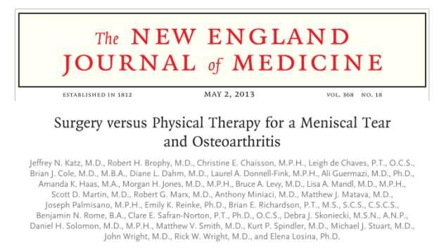 MENISCAL TEAR: TREATMENT OF TEARS AND OSTEOARTHRITIS Arthroscopic partial meniscectomy combined with PT was no better for relief of symptoms than PT alone in
