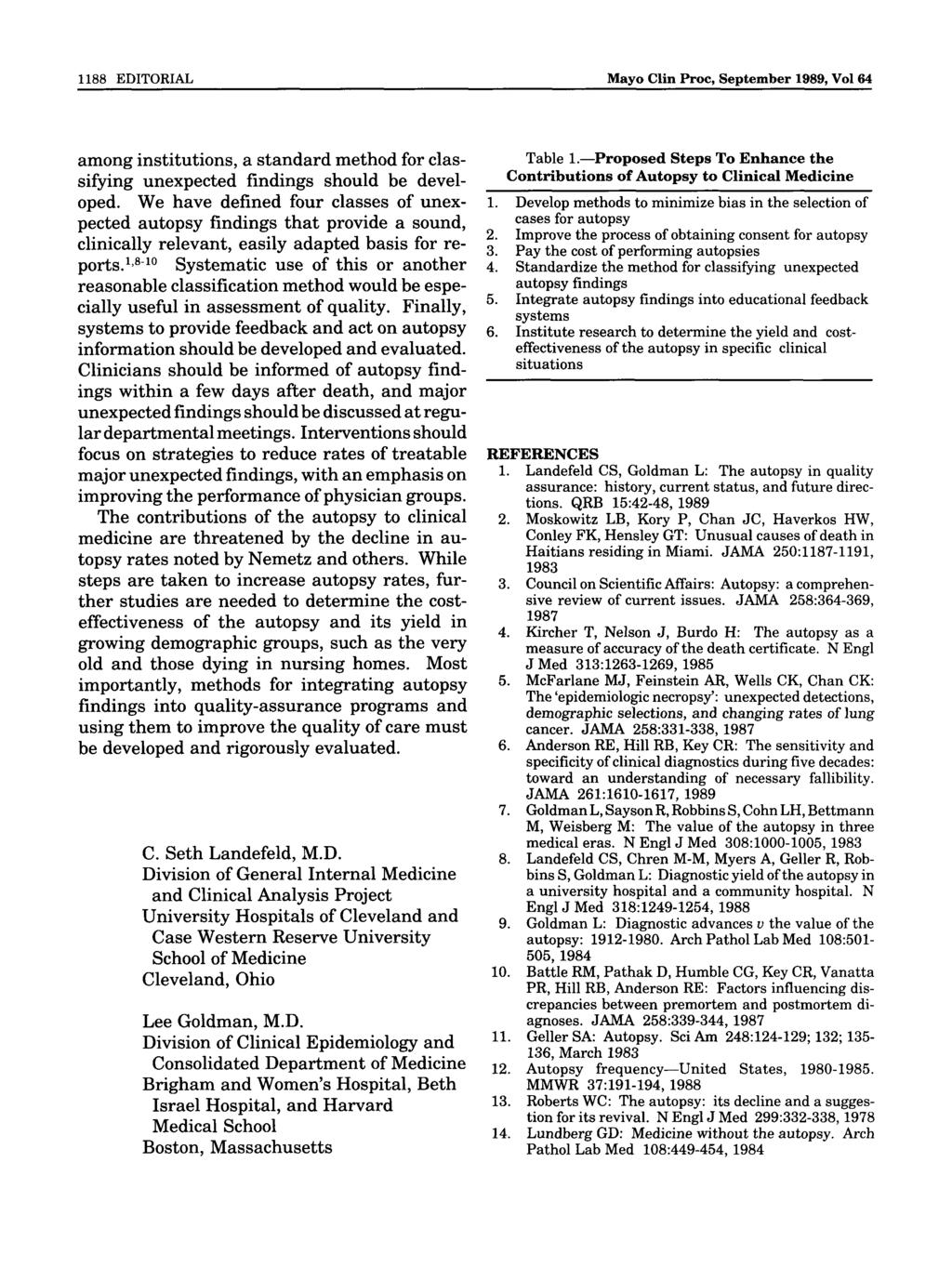 1188 EDITORIAL Mayo Clin Proc, September 1989, Vol 64 among institutions, a standard method for classifying unexpected findings should be developed.