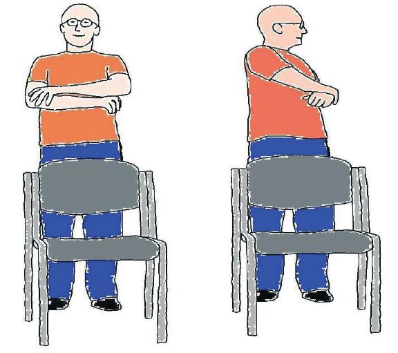 Spine twists Stand (or sit) very tall with your feet hip width apart Fold your arms across your chest Twist