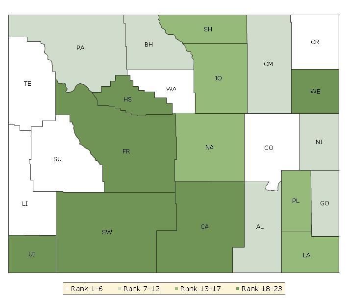 The maps on this page display Wyoming s counties divided into groups by health rank.