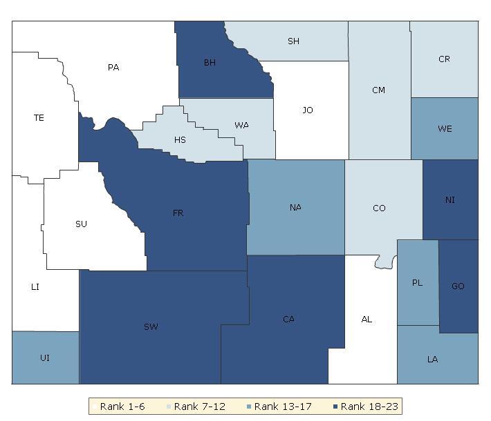 The blue displays the distribution of the summary rank for health factors. Maps help locate the healthiest and least healthy counties in the state.