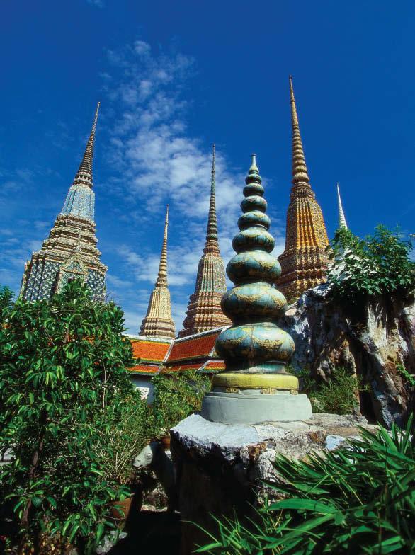 Stupas at the Temple of the Reclining Buddha, Bangkok, Thailand.
