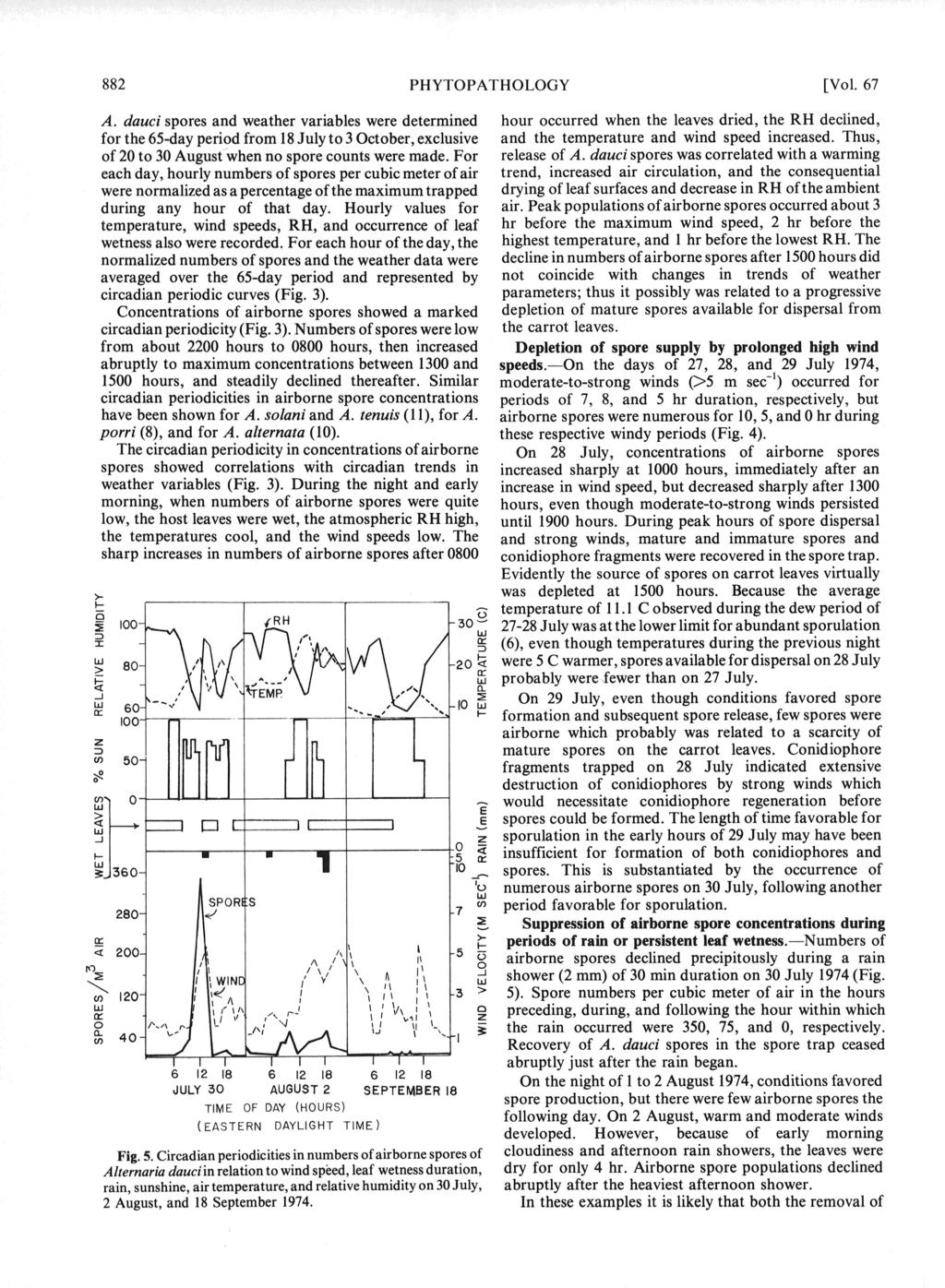 PHYTOPATHOLOGY 882 [Vol 7 hour occurred when leaves dried, RH declined, and temperature and wind speed increased Thus, release A dauci spores was correlated with a warming trend, increased air