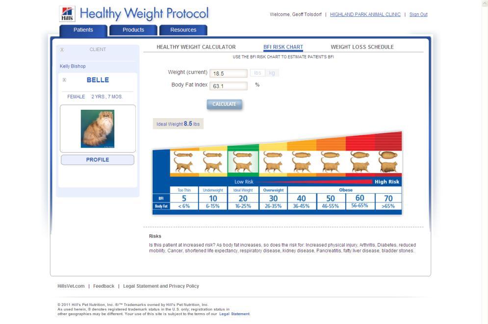 Creating a feeding plan for an overweight patient Click on Calculate Note: The pet s BFI and Ideal Weight will be shown.