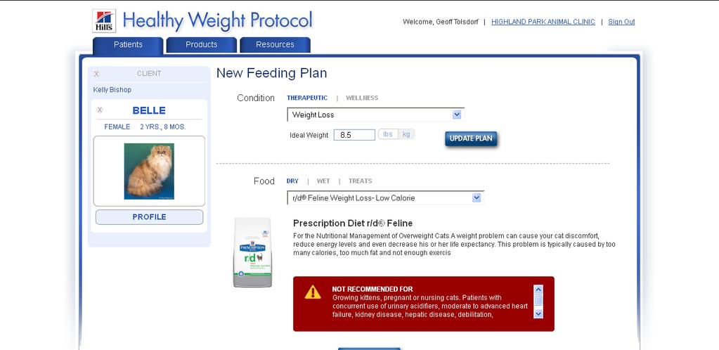 Creating a feeding plan for an overweight patient Note: Weight Loss will default as the condition and only those diets appropriate for that condition will