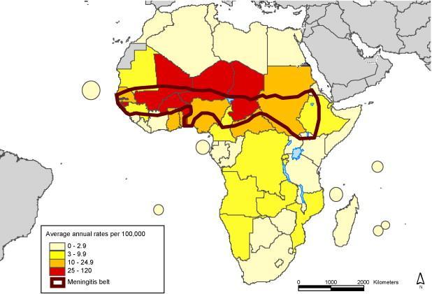 Outline of meningitis belt in Africa showing average annual attack rates F.