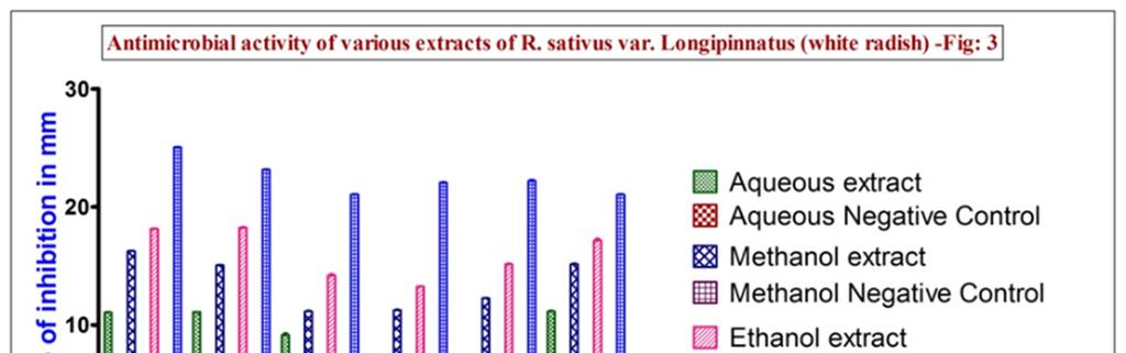 Figure 2: Antimicrobial activity of various s of Brassica oleracea var. botrytis. Figure 3: Antimicrobial activity of various s of R. sativus var. Longipinnatus.