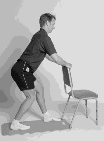 37) Use chair/wall/railing for support. 27) Keep hip/knee/toes in line. 23) Keep knees over toes. 28) Trail/target leg is straight.