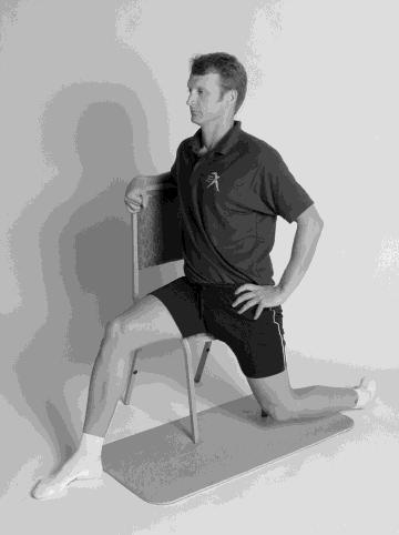 13) Sit sideways on chair with one buttock on seat. 14) Lean forward at waist and extend trail leg behind body. 15) Raise body back to vertical.
