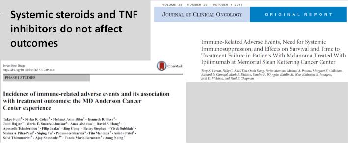 Immunosuppression and Checkpoint inhibitors Systemic steroids and TNF inhibitors do not affect outcomes Acneiform eruption EGFR inhibitors Multikinase inhibitors MEK inhibitors HER2 inhibitors mtor