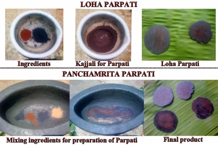 Plate 5: Loha and Panchamrita Parpati Parpati Paka Pareeksha Based on the amount of heat given, the Parpati Paka is of three types, viz., Mrudu, Madhyama and Khara Paka.