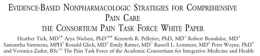Standalone interventions or in combination with medications, procedures or surgery Reduces need for opioids Reduces pain while also reducing anxiety and depression, nausea and vomiting, facilitating