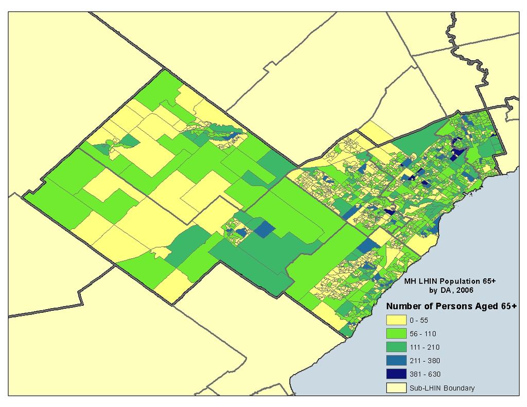 Persons Aged 65+ by Dissemination Area (DA) This map shows the number of persons aged 65 or older by Dissemination Area in the MH LHIN, as per the 2006 Census.