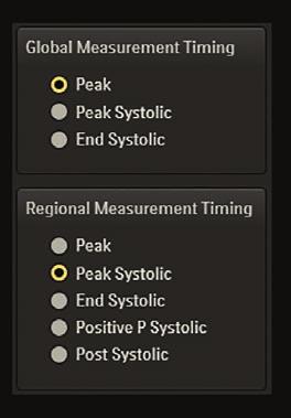 For regional strain measurements: Peak Peak Systolic (default setting) End Systolic Positive Peak Systolic: positive strain value indicates early systolic expansion Post Systolic: peak strain