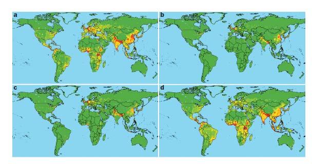 Global distribution of relative risk of an Emerging Infectious Disease Event Maps are derived for EID events caused by a, zoonotic pathogens from wildlife, b, zoonotic pathogens from non-wildlife, c,