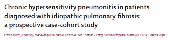 Clues to not due to IPF: Chronic hypersensitivity pneumonitis: Clues: giant cells, granulomas, central/bridging fibrosis, peribronchiolar metaplasia