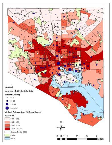 Alcohol Availability in Baltimore Baltimore has double the number of alcohol outlets suggested by state and national standards (n~1,300 licenses = 2+ outlets per 1,000 residents) Outlets are
