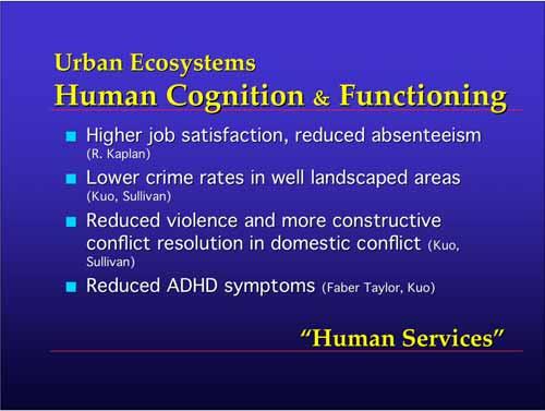 Urban Ecosystems Human Cognition & Functioning Higher job satisfaction, reduced