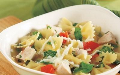 Wassaja M emori al Health Cente r Ingredients 3 cups reduced-sodium fat-free chicken broth 6 ounces uncooked bow tie pasta 1/8 teaspoon dried red pepper flakes 1 1/2 cups diced cooked chicken 1
