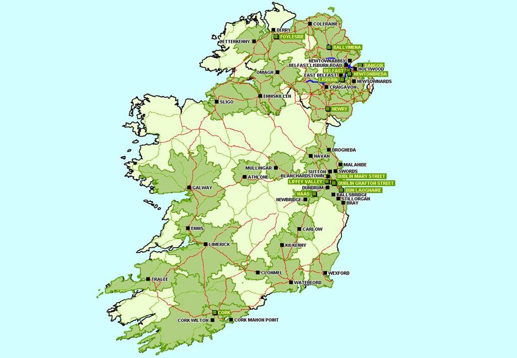 Market Reach: Year 09/10 Population coverage 83% Northern Ireland 2009 1.Newtown Abbey 11. Douglass Ise o 2.Armagh 12. Enniskillen 3.Ballymena 13. Foyleside 4.Bangor 14. Lisburn 5.Belfast 15.