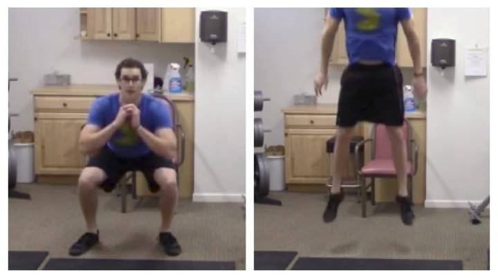 Squat Jumps 1. Start by standing with your feet just wider than shoulder width apart, in the position you would be in if you were getting ready to jump.