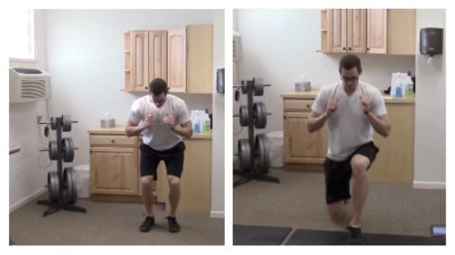 Low Alternating Lunges 1. Start with your feet together, core tight, and knees bent in a quarter squat position. 2.