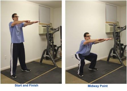 Bodyweight Squats 1. Start with your feet a little wider than shoulder width apart and arms placed straight out in front of you.
