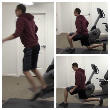 Jump Lunges 1. Stand with your feet shoulder-width apart. Step forward with your left leg, taking a slightly larger than normal step.