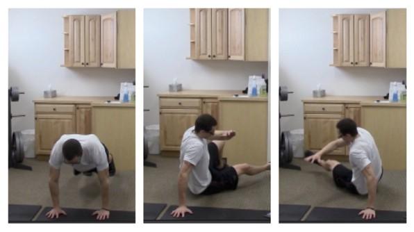 Sit Throughs 1. Start in the pushup position with core tight and back straight. 2.