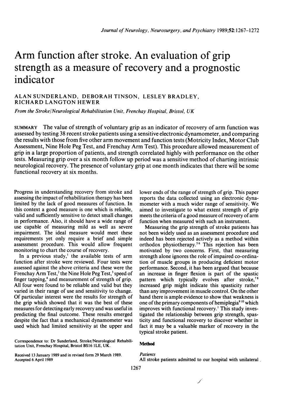 Journal of Neurology, Neurosurgery, and Psychiatry 1989;52:1267-1272 Arm function after stroke.