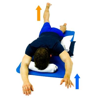 lower abdominals tight, slowly raise up an arm and opposite leg.