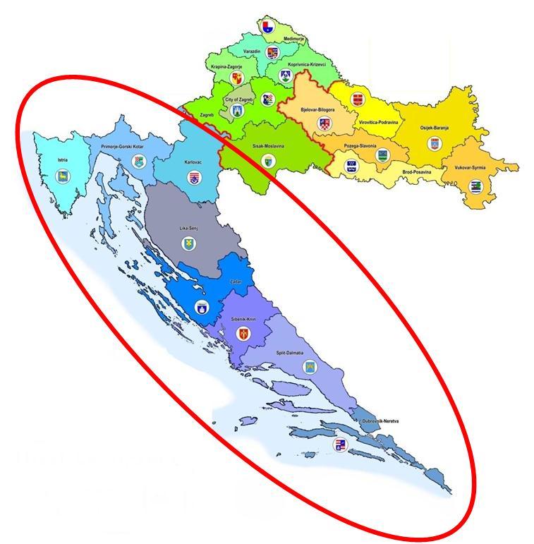 The regions of Croatia belonging to the Mediterranean Europe are: Istria,