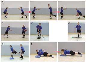 Fig 1 (a) Balance exercise with medicine ball (assistant stands on two legs and player on one leg: assistant throws ball to player, who catches ball overhead and returns it below knee); (b) balance
