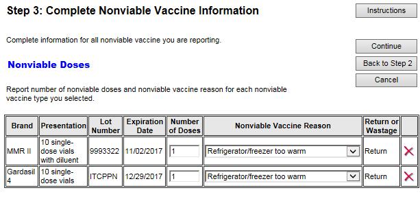 B In the Nonviable Vaccine Reason column, select the drop-down arrow to choose a reason for each vaccine.