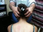 CHAIR ROUTINE CONT. 6. Moving to the front of the chair, standing at the clients head, allow the (curled) fingers of each hand to lie across the suboccipitals at the ridge of the occipital bone.