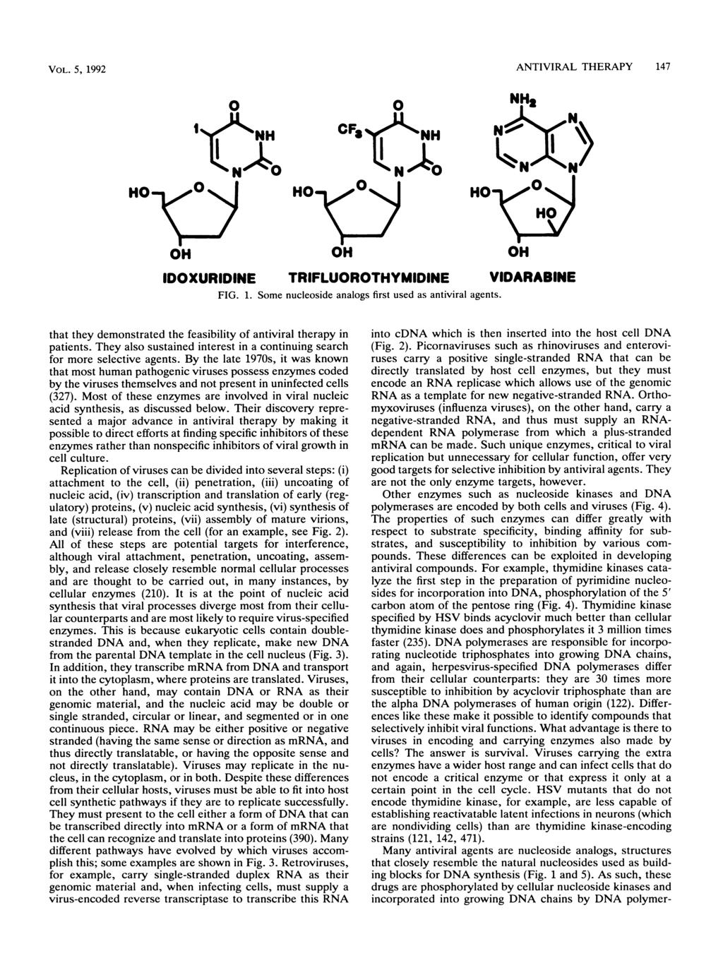 VOL. 5, 1992 ANTIVIRAL THERAPY 147 OH IDOXURIDINE TRIFLUOROTHYMIDINE VIl FIG. 1. Some nucleoside analogs first used as antiviral agents.