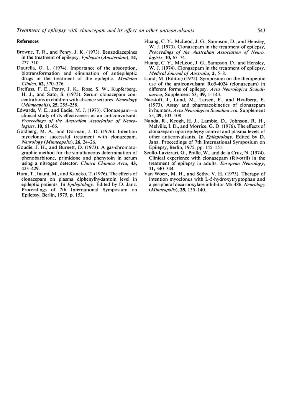 Treatmlent of epilepsy with clonazepanz and its effect on other anticonvulsants References Browne, T. R., and Penry, J. K. (1973). Benzodiazepines in the treatment of epilepsy.