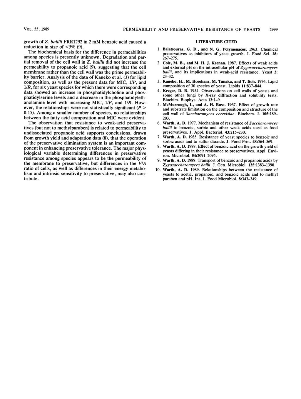 VOL. 55, 1989 PERMEABILITY AND PRESERVATIVE RESISTANCE OF YEASTS 2999 growth of Z. billii FRR1292 in 2 mm benzoic cid cused reduction in size of <5% (9).