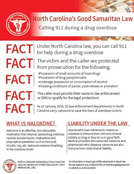 NC Good Samaritan Law Anyone who uses naloxone is immune from civil & criminal lability as long as they do so in good faith Medical providers who prescribe and pharmacies