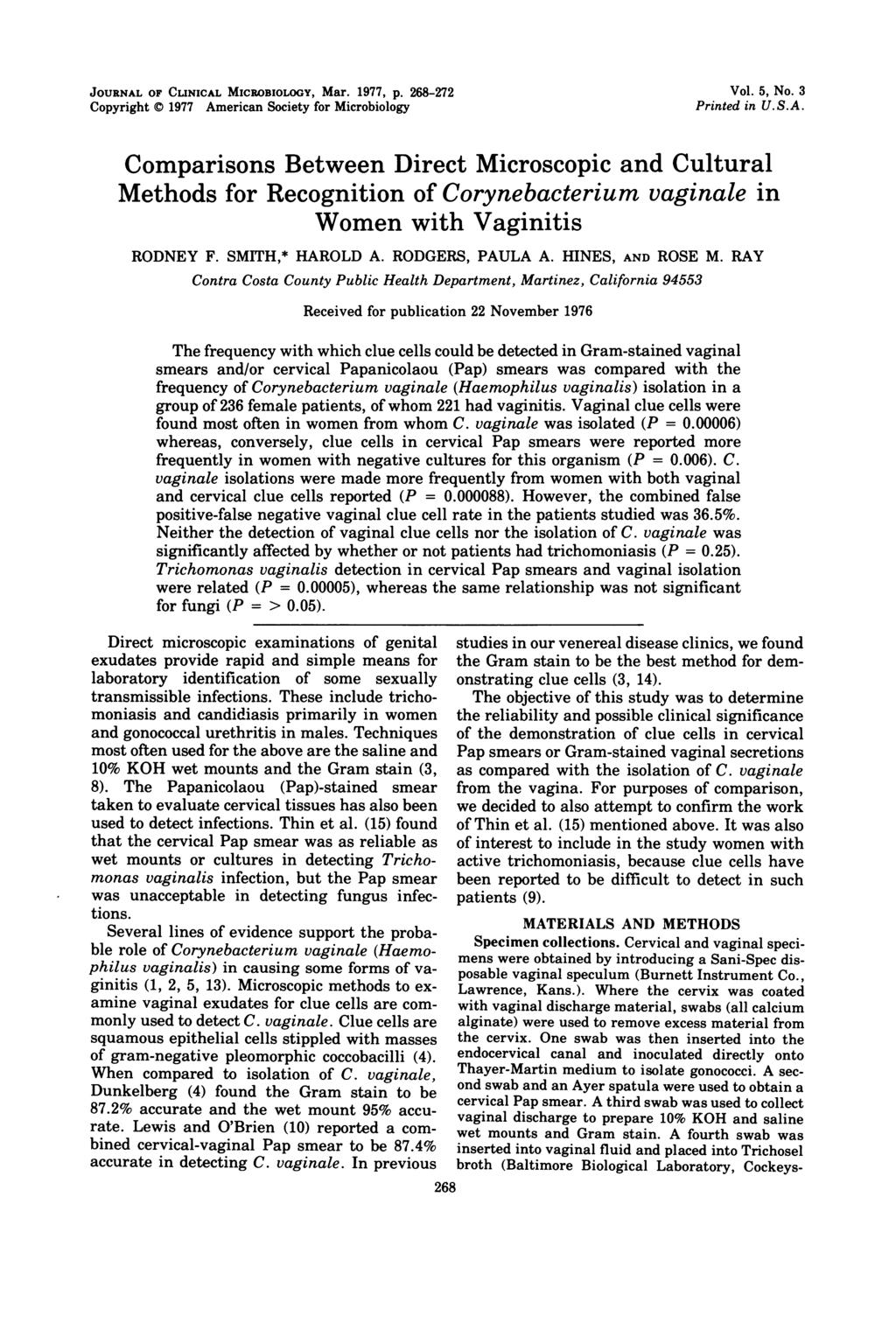 JOURNAL OF CLINICAL MICROBIOLOGY, Mar. 1977, p. 268-272 Copyright 1977 American Society for Microbiology Vol. 5, No. 3 Printed in U.S.A. Comparisons Between Direct Microscopic and Cultural Methods for Recognition of Corynebacterium vaginale in Women with Vaginitis RODNEY F.