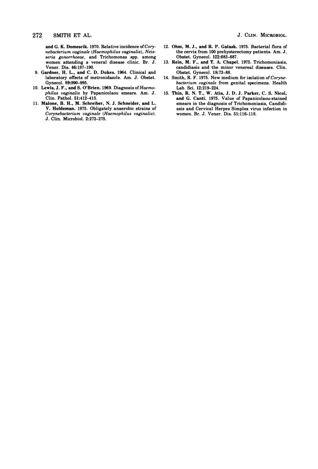 272 SMITH ET AL. J. CLIN. MICROBIOL. and G. K. Domescik. 1970. Relative incidence ofcorynebacterium vaginale (Haemophilus vaginalis), Neisseria gonorrhoeae, and Trichomonas spp.