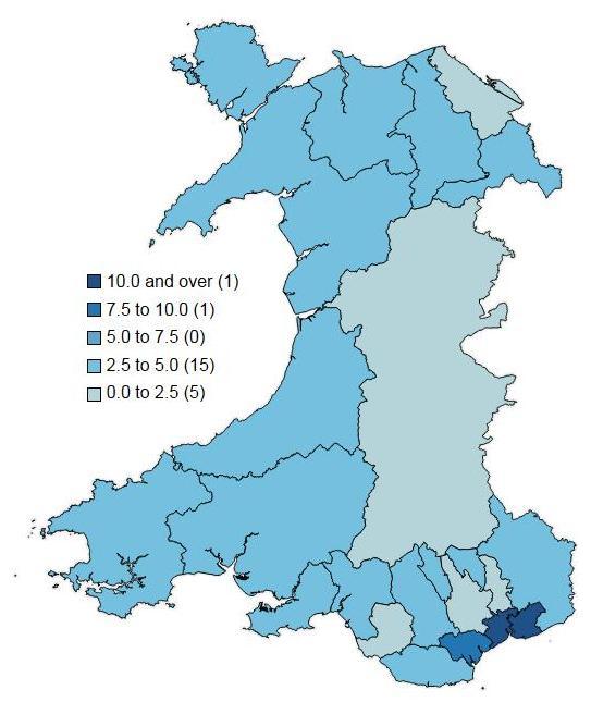 1.2 Area of Residence In 2014, the highest tuberculosis rate was observed in Cardiff and Vale University Health Board (5.