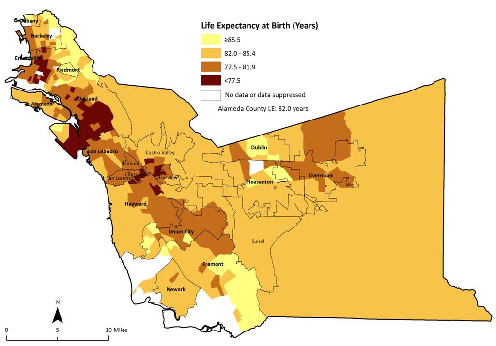 Due to cumulative health risks and impacts, life expectancy in West Oakland is 6.