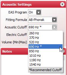 Both Acoustic and Electric Cutoffs will default to the point at which the subject s thresholds exceed 70 db HL.