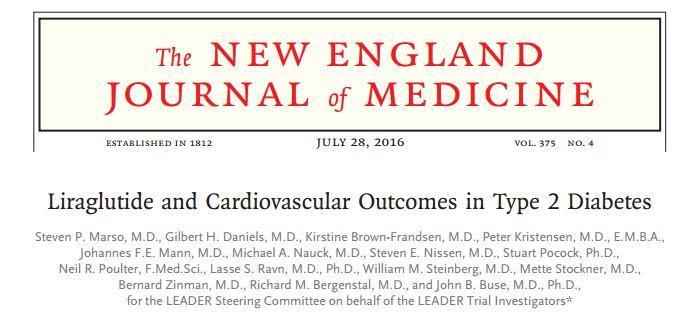 Leader Trial - 2016 Liraglutide (Victoza) reduced death from CVD causes Hazard ratio, 0.87; 95% CI, 0.78 to 0.97 2.