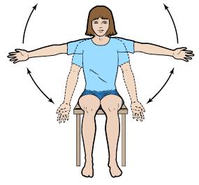 Sideways arm raises 1. Start with your arms relaxed at your sides (see Figure 9). 2. Slowly raise your arms sideways as far as you can. If you can, try to raise them above your head. 3.