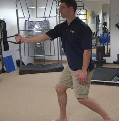 Single Arm Row with Trunk Rotation (Split Stance) stand facing the band or cable in a split