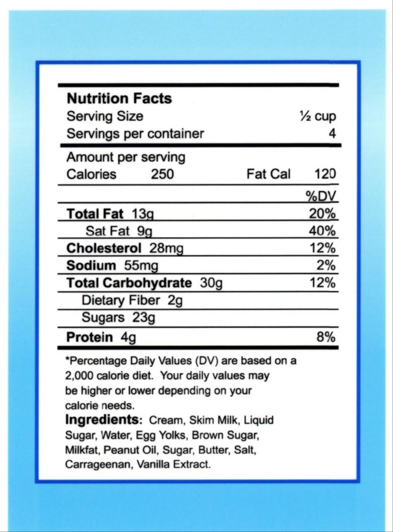 This information is on the back of a container of a pint of ice cream (see below for label). 1. If you eat the entire container, how many calories will you eat? 2.
